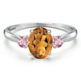 thumbnail image 3 of Gem Stone King 10K White Gold Orange Red Madeira Citrine and Pink Lab Grown Diamond 3-Stone Ring for Women | 1.36 Cttw | Oval 8X6MM | Gemstone November Birthstone | Size 7, 3 of 6