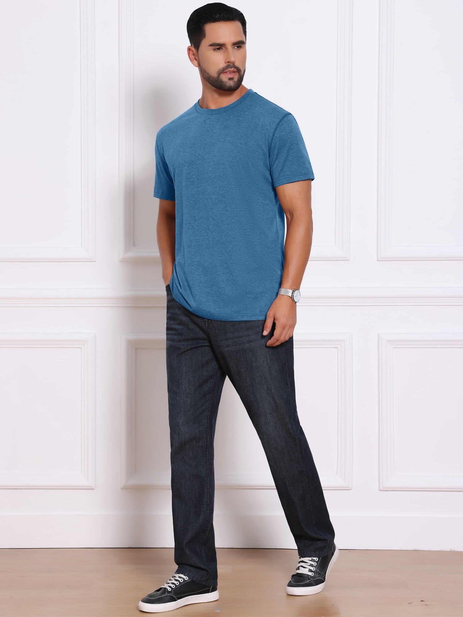 DARING DIVA Men's Crew Neck Short Sleeve Solid Color Retro Style T-Shirt S Blue