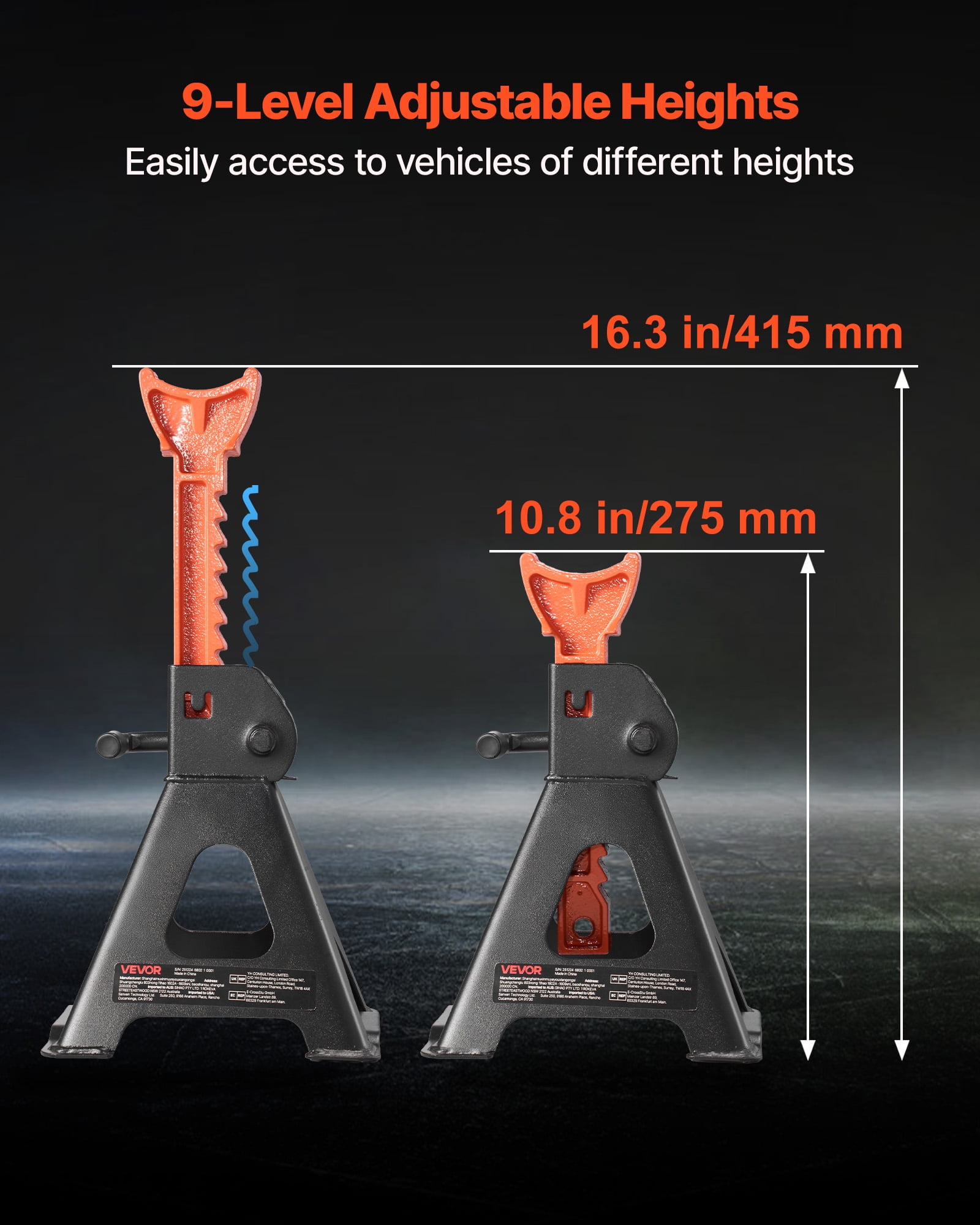 VEVOR Jack Stands, 3 Ton (6,600 lbs) Capacity, 10.8-16.3 in Adjustable Height, Heavy Duty Steel Jack Auto Stands with Locking, for Lifting SUV, Pickup, Car and UTV/ATV, 1 Pair, Black and Orange