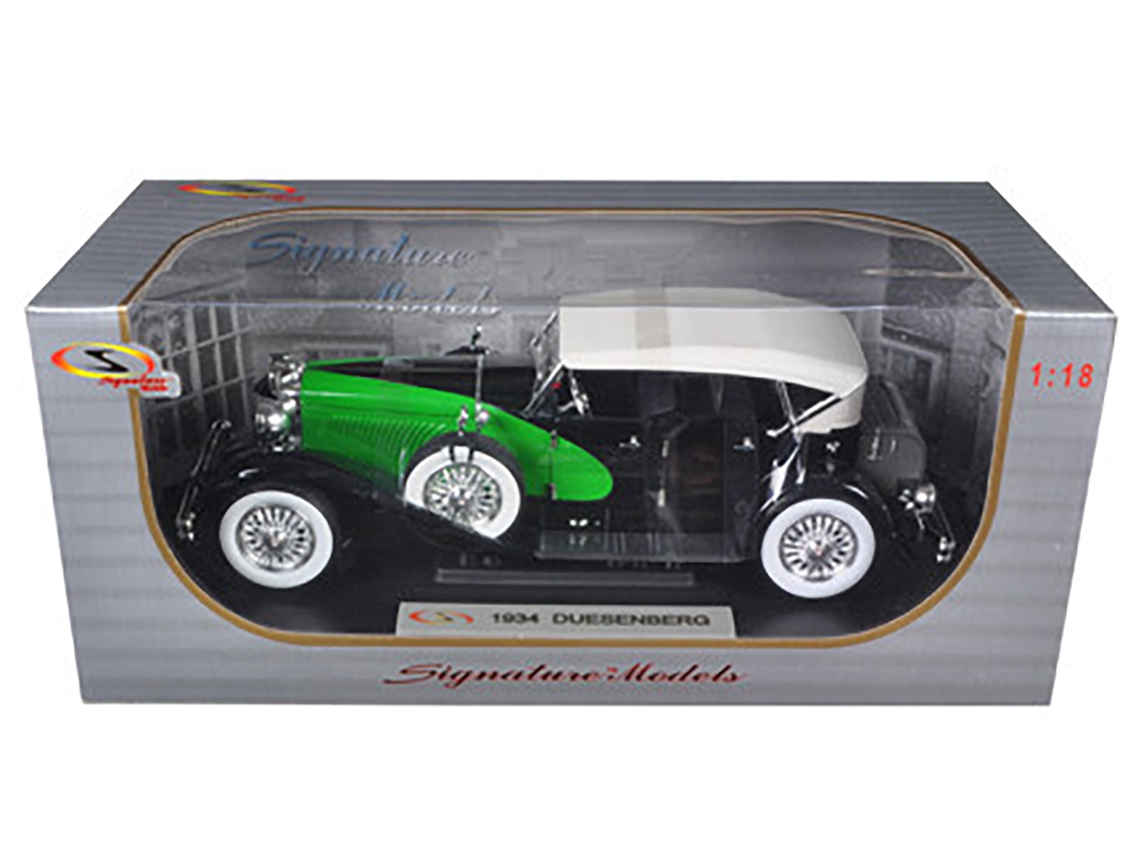 1934 Duesenberg Model J Black and Green with Cream Top 1/18 Diecast Model  Car by Signature Models