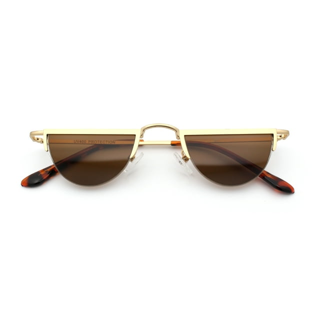 Lunettes de Soleil Hippie Funky Courtes Demi-Cercle à Monture Plate Demi-Métal Or - Marron