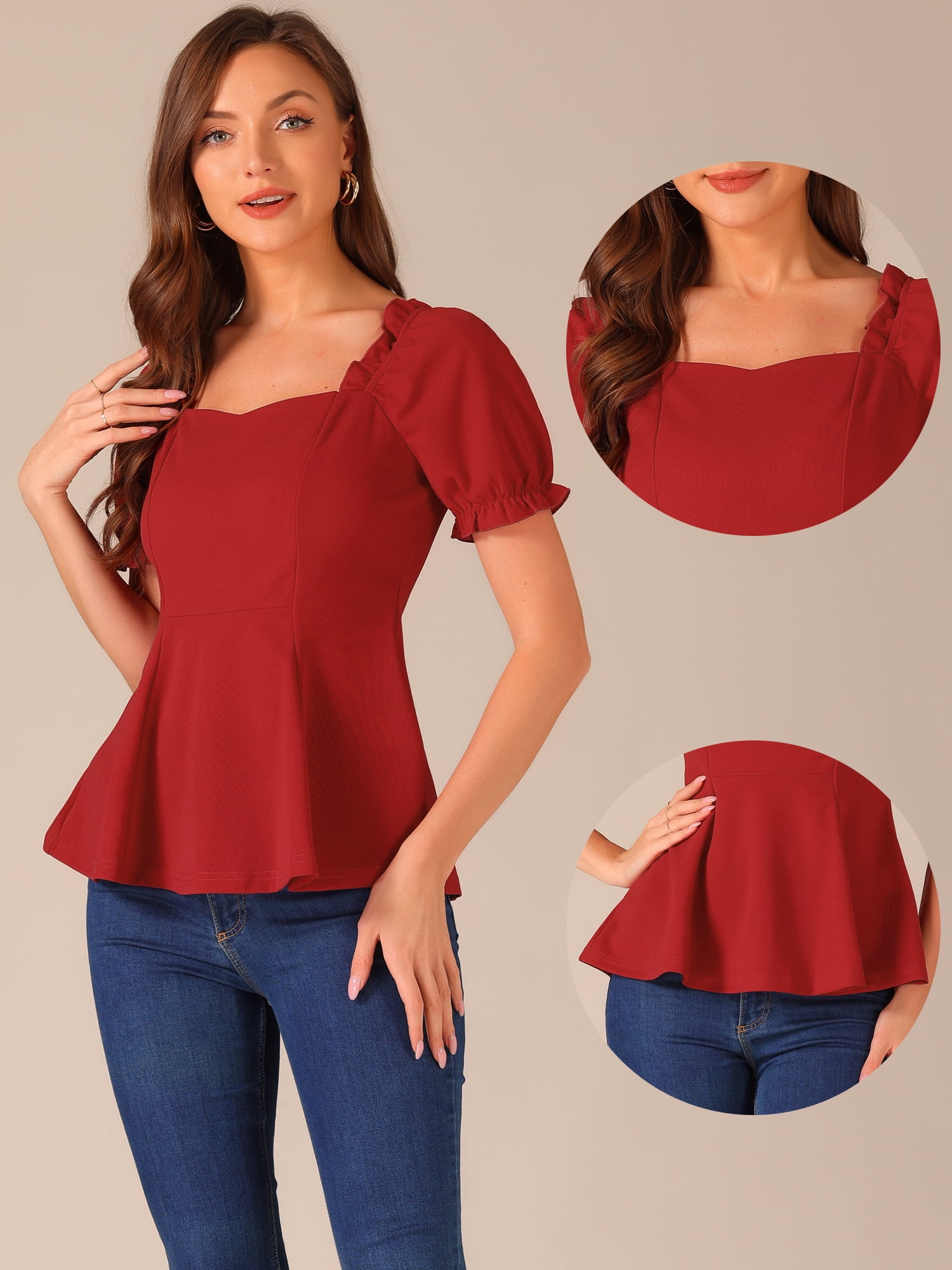 DARING DIVA Puff Sleeve Elegant Ruffle Peplum Blouse S Red