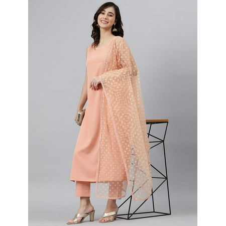 Janasya Indian Round Neck Sleeveless Solid Peach Poly Crepe Kurta With Pant And Dupatta For Women