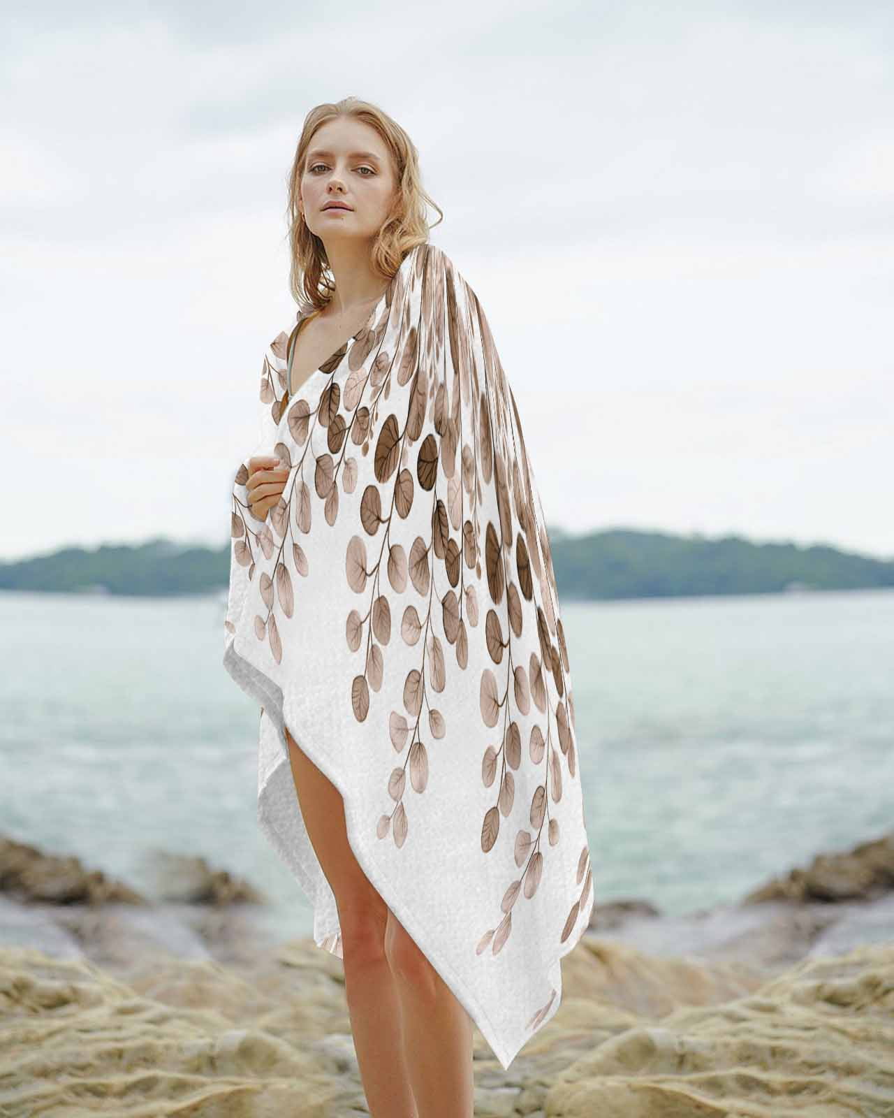 Brown Eucalyptus Leaves Beach Towels Oversized Super Absorbent, Watercolor Floral Leaf Plants Lightweight Bath Towel Quick Dry Sets For Bathroom/Pool/Rv Camping/Beach Play/Gym Room/Picnic 31"x62"