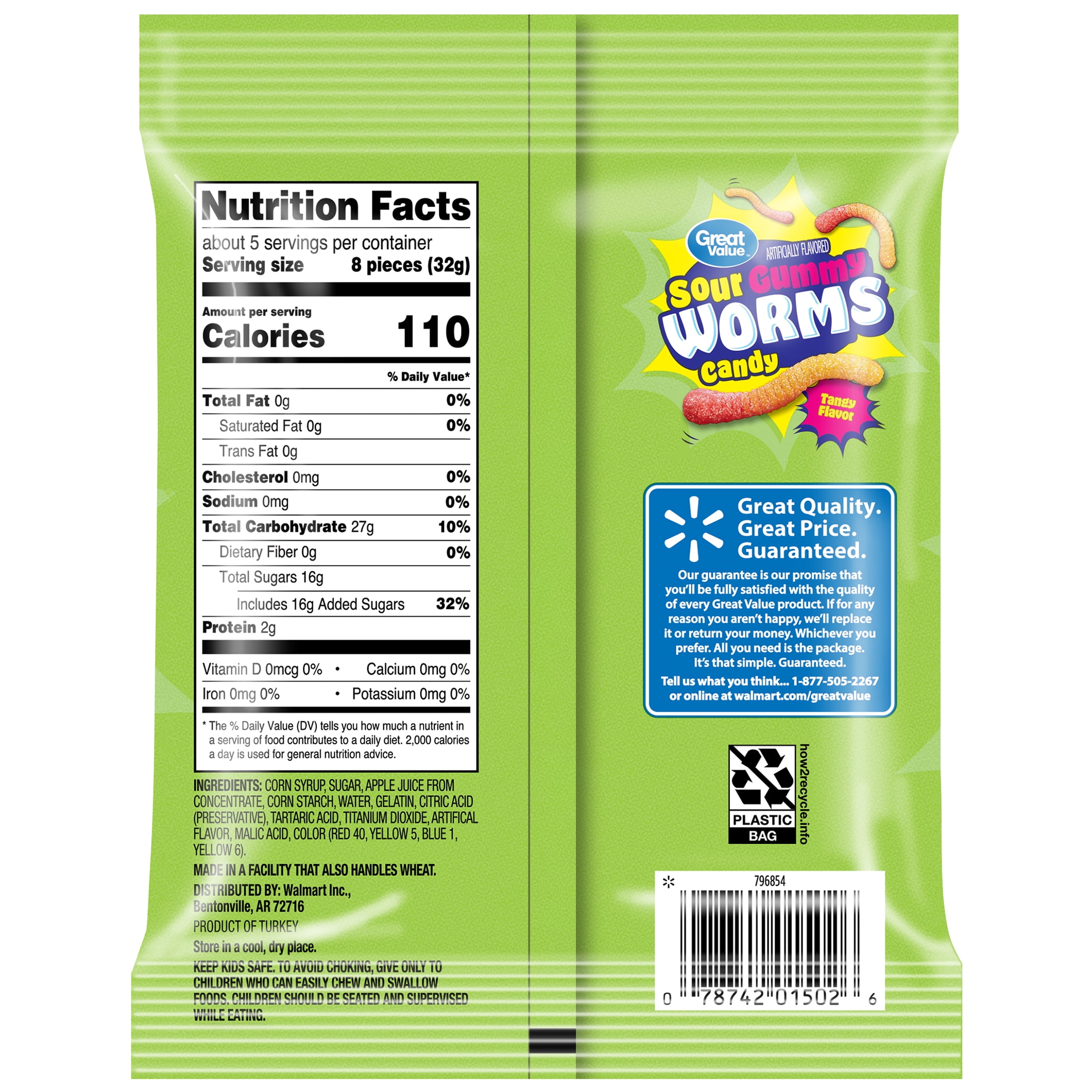 Great Value Sour Gummy Worms Chewy Candy, 6 oz