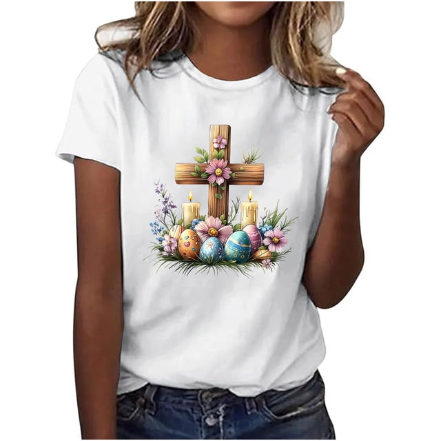 Tnhcen T-Shirts pour Femmes d'Été, Nouveauté, Pâques, Imprimé Mignon, Col Rond, Manches Courtes – T-Shirts Basiques Grande Taille, P-3TG, Hauts en Polyester Respirant