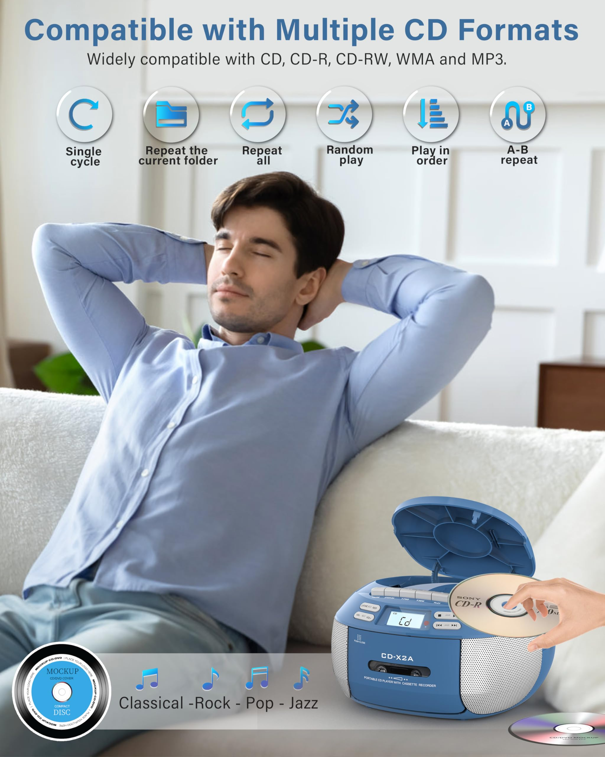 Jazmm CD Player Boombox with Bluetooth, Blue photo 8
