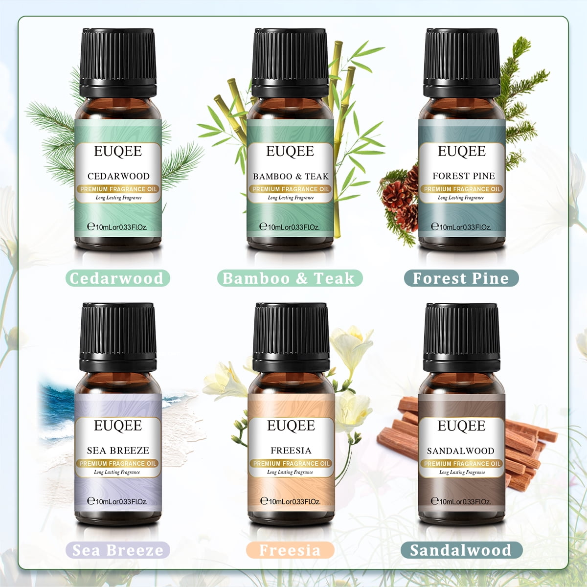 EUQEE Fragrance Oils Gift Set Premium Woody Scented Oil - Forest Pine, Warm Rustic Woods, Bamboo & Teak, Cedarwood, Leather, Swe