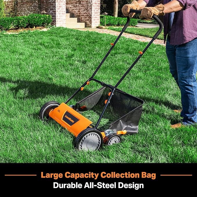 LawnMaster LMRM2001 20-Inch Manual Reel Lawn Mower, 9 Custom Cutting Positions (1.3"-2.6"), Eco-Friendly Motorless Design for Small & Medium Lawns