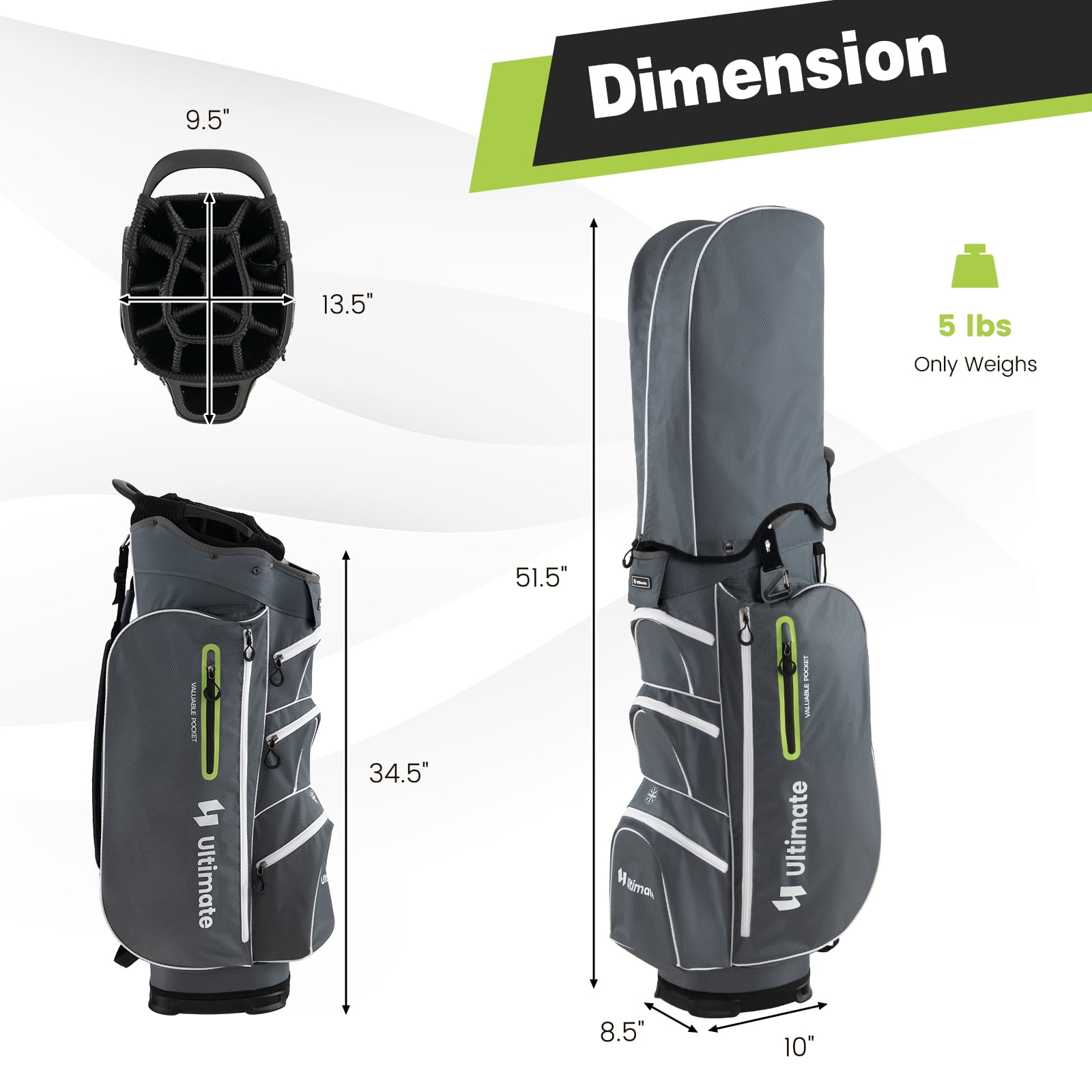 Topbuy 15-Way Golf Cart Bag Golf Club Bag with 15 Ways Organizer Divider Top 7 Zippered Pockets Cooler Bag Umbrella Holder Rain Hood Grey + Green