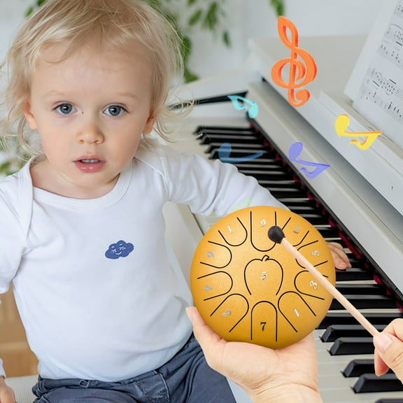 Steel Tongue Drum Kids Instrument: Musical Metal Tank Drums Set 6 Inch 8 Notes C-Key for Meditation Yoga Education Percussion with Bag, Music Book, Mallets, Finger Picks(Gold)