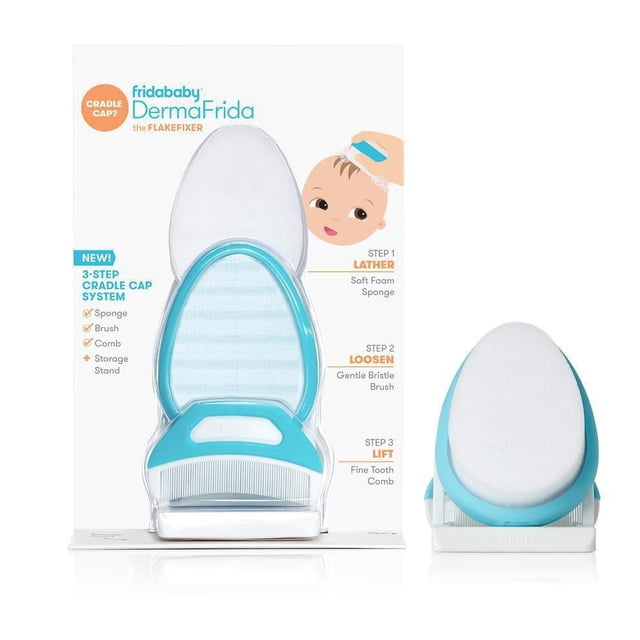 Frida Baby - DermaFrida the Flakefixer - 3-Step Cradle Cap System, Baby Sponge, Brush, Comb & Storage Stand