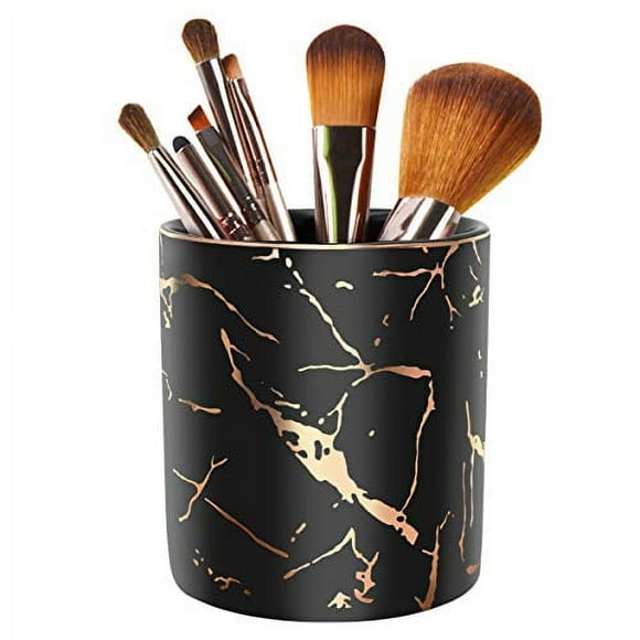 Porte-crayon, Porte-Stylo pour Bureau, Support de Crayon pour Bureau, WAVEYU Organiseur de Bureau pour Filles Femmes Enfants Céramique Paillettes Marbre Porte-Pinceau de Maquillage, Noir (Style Amélioré)