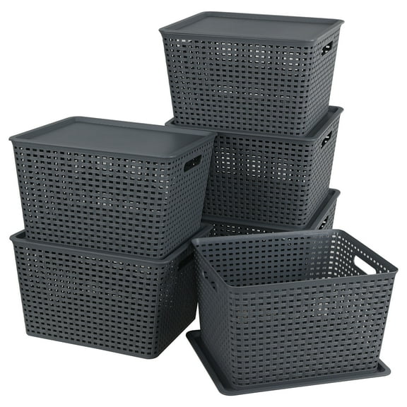 Anbers 6 Pack Plastic Weave Basket for Shelves, Stackable Storage Basket with Lid, Dark Grey