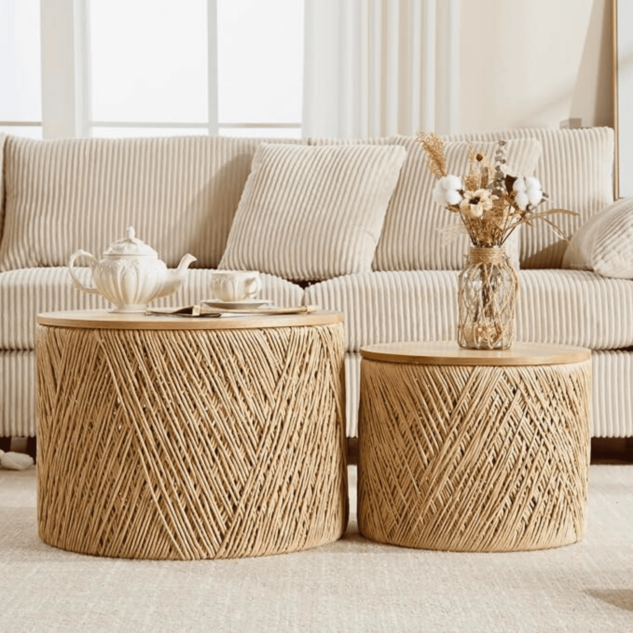 Guyou Nesting Tables Round Natural Wood Drum Coffee Tables with Storage for Living Room Bedroom Small Space, No Assembly Required, Log(Set of 2)
