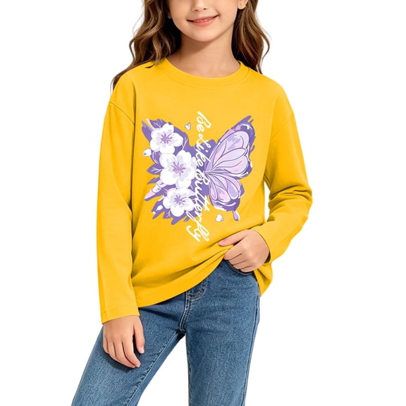 fnnxnal Girls Cotton Long Sleeve T-Shirt, Yellow Butterfly Floral Graphic Crew Neck Tee, Kids Girls Casual Top 2-13 Years,Size 3-4 T