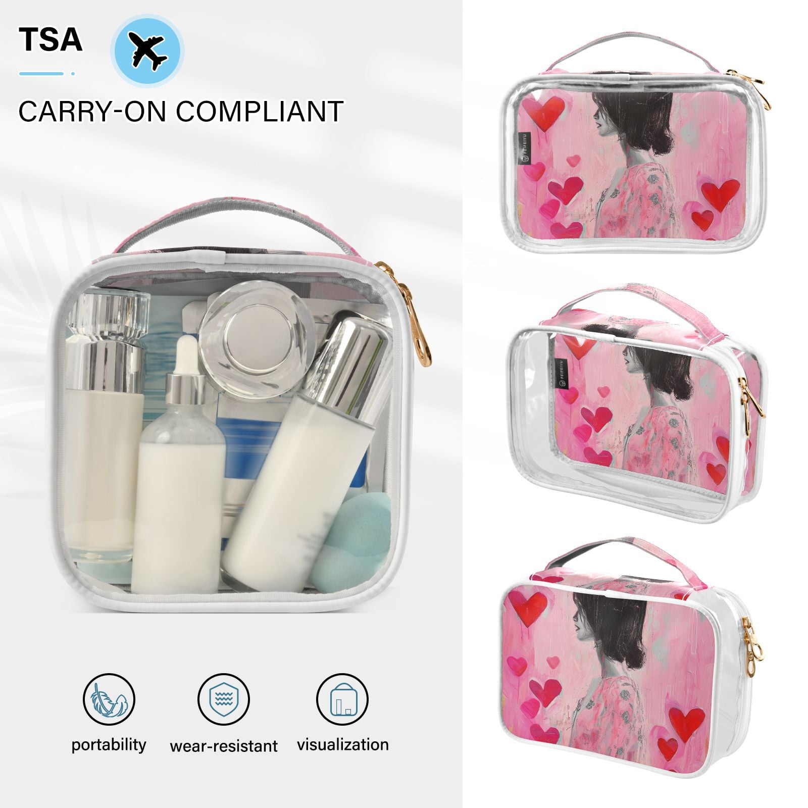 Clear Makeup Bags with Handle Large Opening 2 Pack Set Toiletry Bag Quart Size Bag, for Women Man Traveling Travel Essentials, Toiletries and Other. Girl Heart