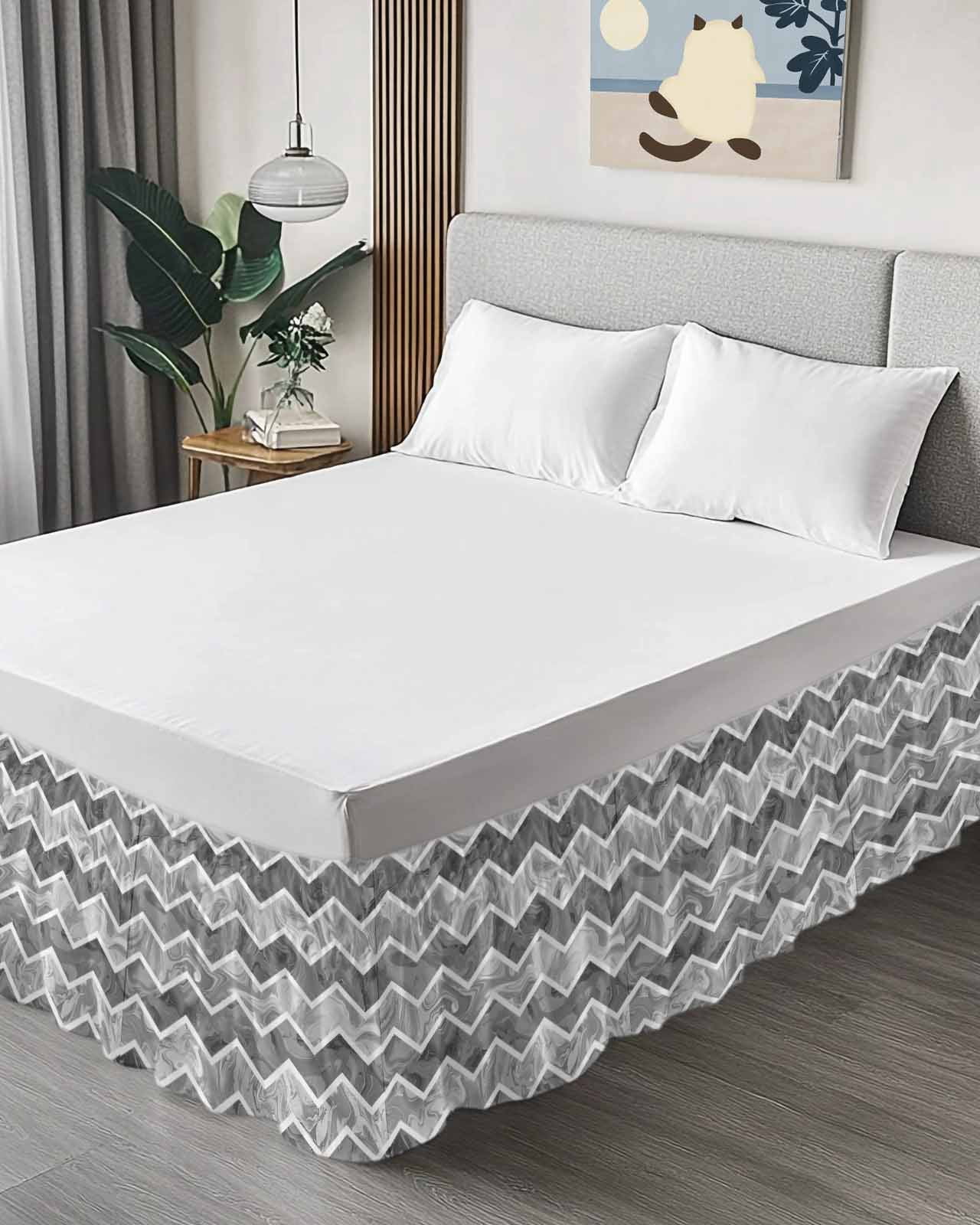 Grey Marble Wrap Around Bed Skirts for Queen Bed 16" Drop,Bed Skirt with Adjustable Elastic Belt Dust Ruffle Bed Valance for Bedroom Hotel Modern Abstract Art Aesthetics Geometric Bed Frame Cover