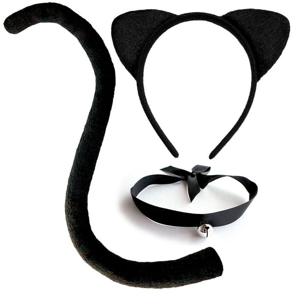 3-Piece Cat Costume  Accessory Set  with Cat Ears Headband, Long 26-inch Tail, and Bell Choker