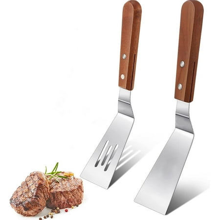 

Metal Spatula Set-2pcs Slotted fish spatula Griddle Scraper and Pancake Flipper or Hamburger Turner flipper With Wooden Handle Kitchen Metal Spatula