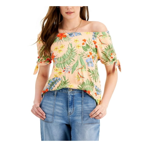 STYLE & COMPANY Womens Pink Printed Off Shoulder Top S
