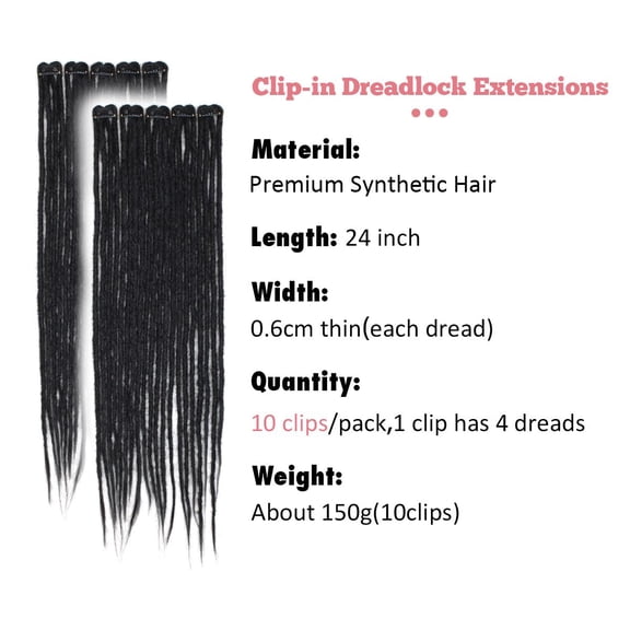 WEIF-24 Inch Clip in Dreadlock Hair Extensions 10Clips 40 Strands Synthetic Handmade Soft Clip In Dreads Extensions for Women,Black