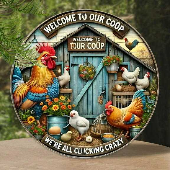 7.8x7.8inch 20x20cm 2D Flat Printed Metal Sign Welcome to Our Chicken Coop Outdoor Chicken Theme with Farm Animal Portraits, Country Cottage Garden Garage Room Porch Decoration, Perfect for Room Decor