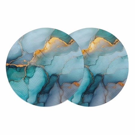 Marble Teal Round Placemats Set of 2 Braided Polypropylene Place Mats Modern Ink Painting Abstract Golden Art Washable Table Mats for Kitchen Dinner Holiday Wedding Party Coffee Table Decor 13