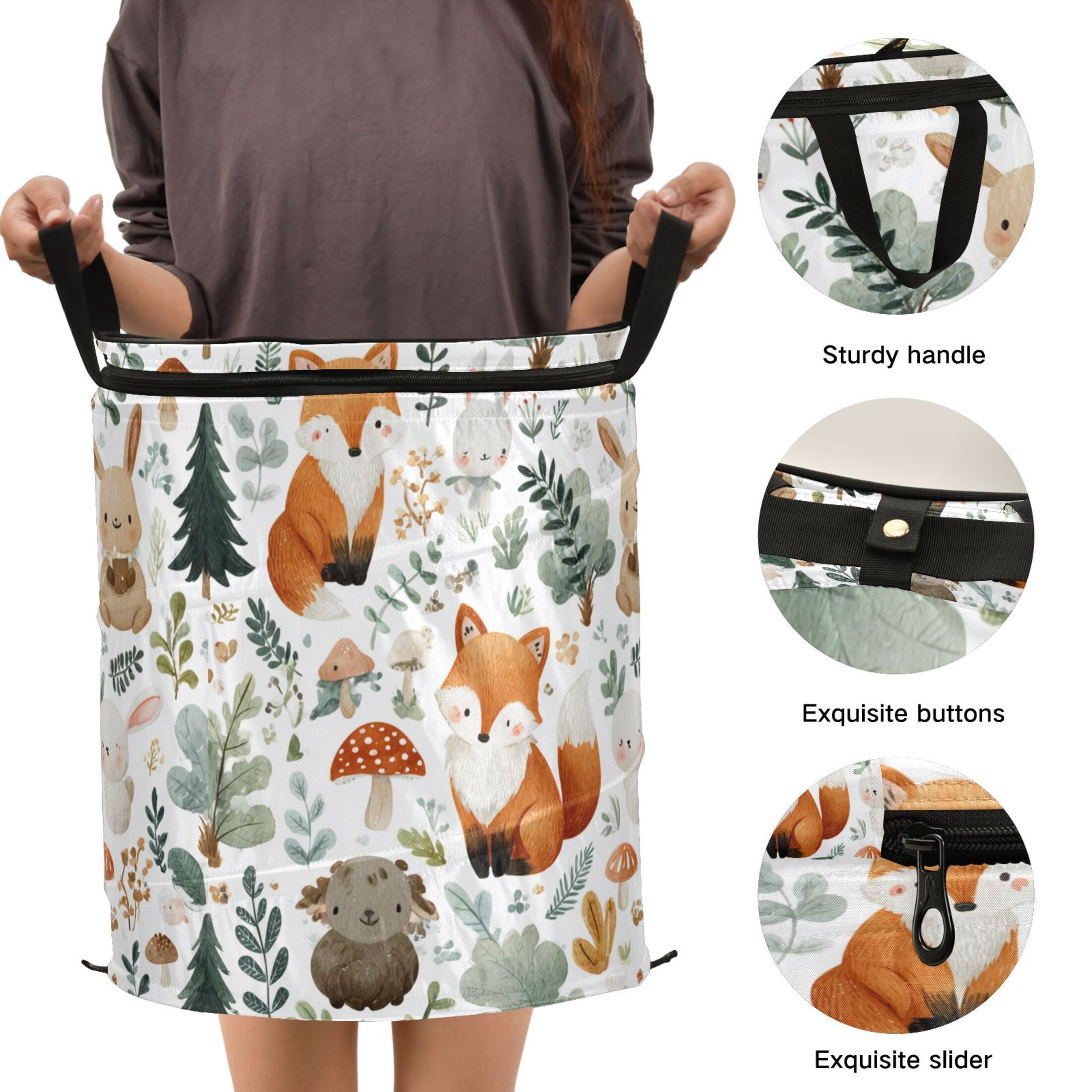 50L Extra Large Popup Hamper Collapsible Laundry Basket With Zippered Lid 15.7x18.5in Cute Woodland Animals
