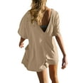 thumbnail image 3 of DYMADE Womens Summer Solid Short Sleeve Backless Pockets One-Piece Jumpsuit Shorts, 3 of 3