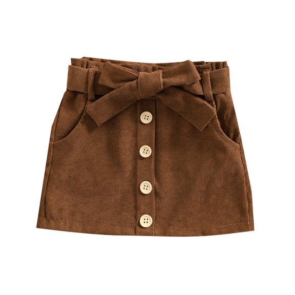 Toddler Girls Corduroy Skirt High Waist Button Front Belted Short Dress Elastic Waist Ruffle Skirt