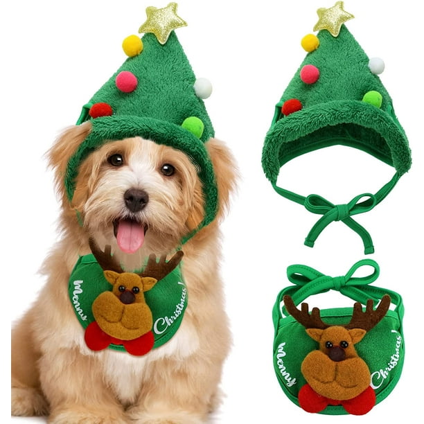 2 Piezas Perro Mascota Árbol de Navidad Sombrero Gato Sombrero de Navidad Conjunto Disfraz Perro Papá Noel Collar Ajustable Babero Perro Navidad Sombrero Verde Disfraz Accesorios de Fiesta Conjunto