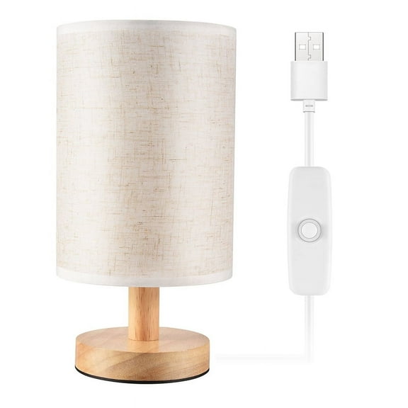 Round Bedside Table Lamp Nightstand Lamp with Fabric Shade and Solid Wood for Bedroom, Living Room Modern Office