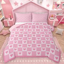 Homewish Pink White Buffalo 2pcs Bedding Comforter Set For Children Teens Adults,Mid Century Geometric Lines Twin Comforter Sets,Love Heart Print Breathable Bedding Set,Luxury Bedroom Decor