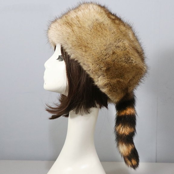 HEVIRGO Winter Hat, Faux Fur Raccoon Tail Cap, Round Flat Top Ear Protection Thickened Autumn Winter Thermal Women Hat