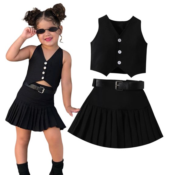 Girls Uniform Skirts 2 Piece Sleeveless Button Down Vest Top A Line Pleated Skirt Set with Belt Outfits for Girls 3-4 Years
