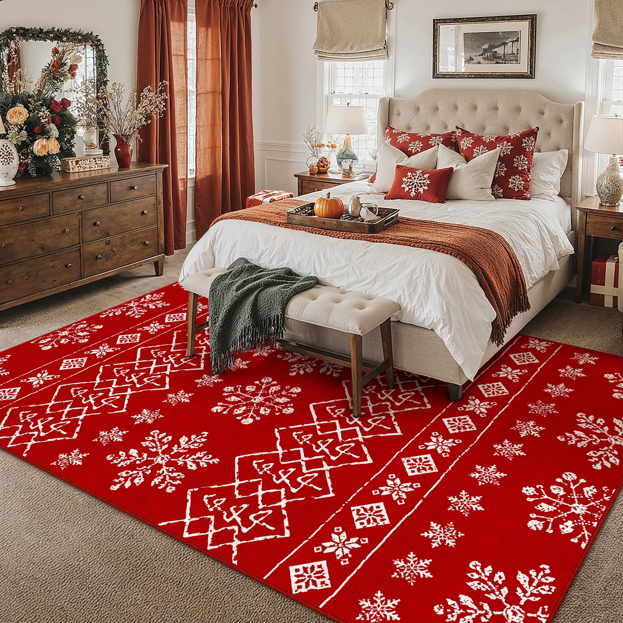 BERTHMEER 8'x10' Large Christmas Area Rugs for Living Room Kitchen Bathroom Bedroom Dining Room Entryway Laundry Room Washable Rugs Non-slip Boho Red Throw Rugs