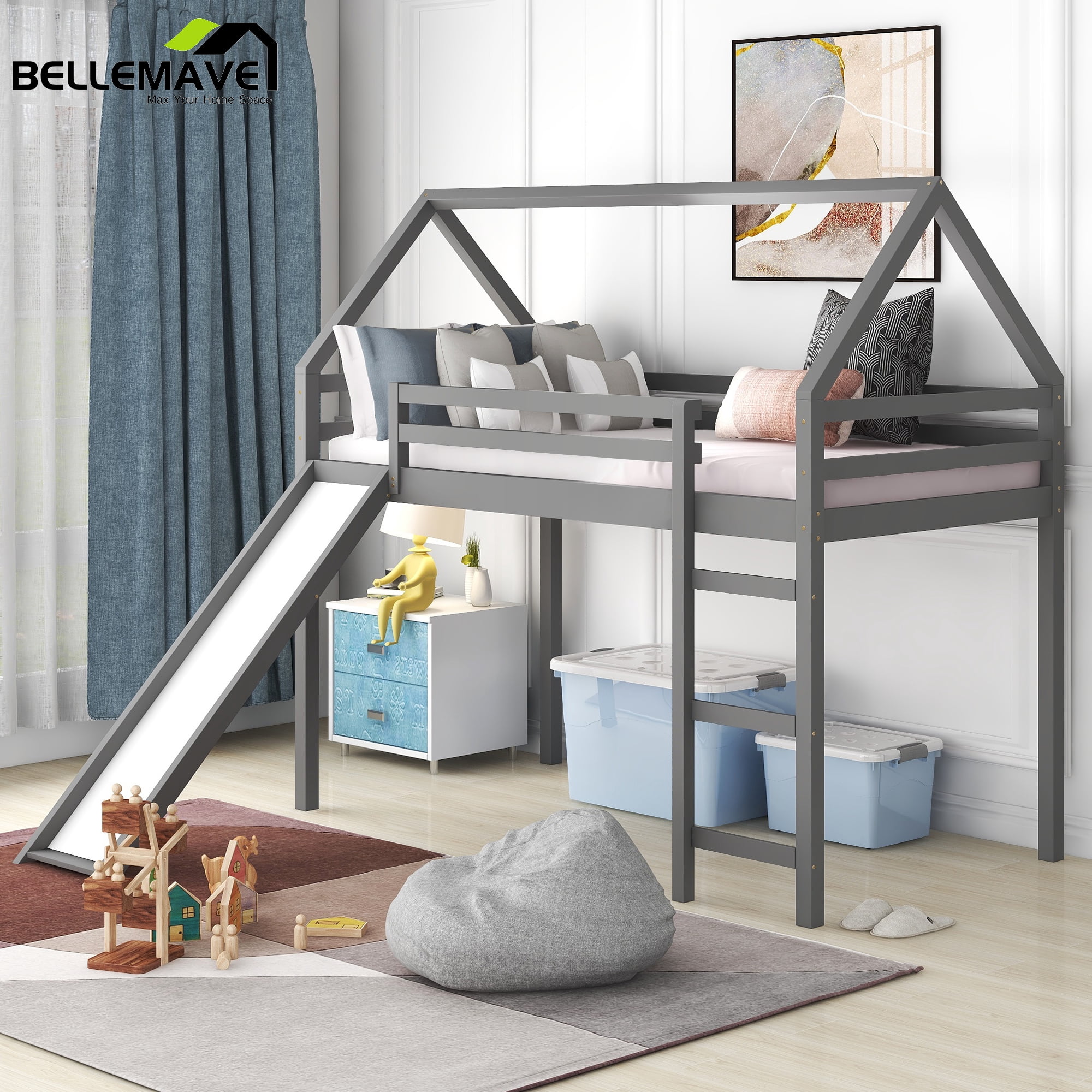 BELLEMAVE House Loft Bed Twin, Kids Loft Bed with Slide, Ladder and