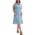 thumbnail image 2 of Vestido de camisa de mezclilla para mujer INSPIRE CHIC, de manga corta, con botones, vestido midi casual, azul claro, 2XL, 2 of 5