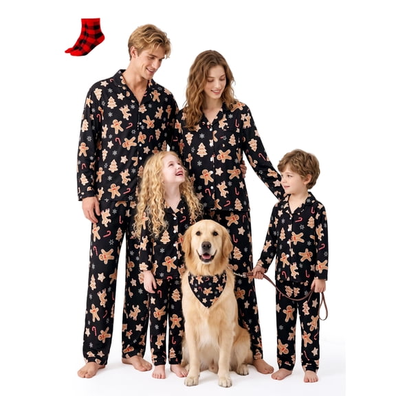PatPat Christmas Pajamas Family Matching Women Cardigan Long Sleeve Button Down 2 Piece Top & Pants PJs Set Gingerbread Holiday Sleepwear with Socks, Black, M