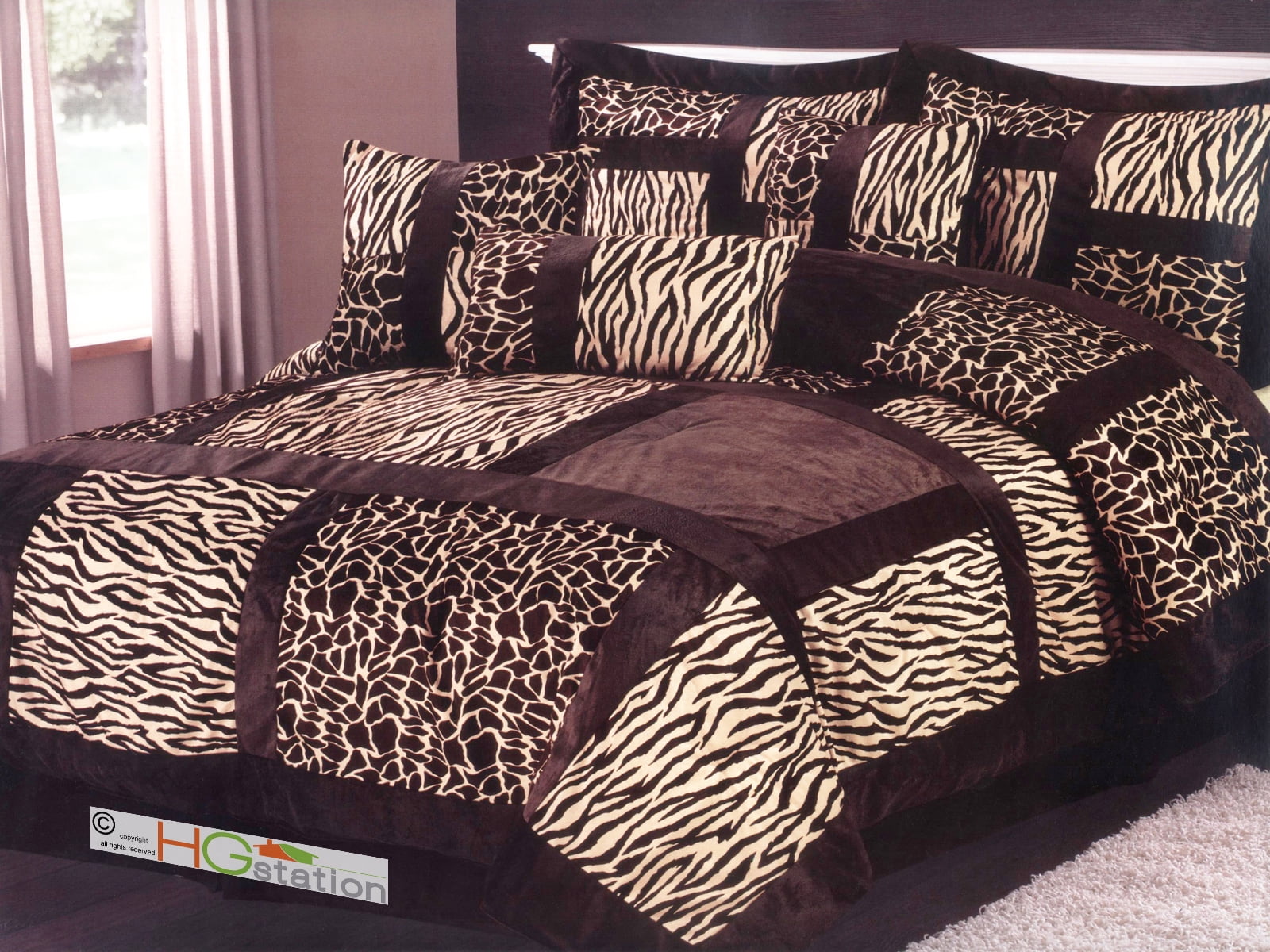 7P Faux Fur Safari Double Striped Zebra Giraffe Comforter Set Coffee Brown Queen 