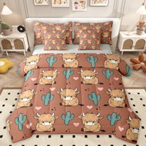 Homewish Kawaii Highland Bull Bedding Comforter Set 7 Pieces for Kids, Western Cactus Plant Full Bedding Set, Cute Cartoon Animal Reversible Fitted Sheet Flat Sheet, Ultra Soft Bedroom Decor