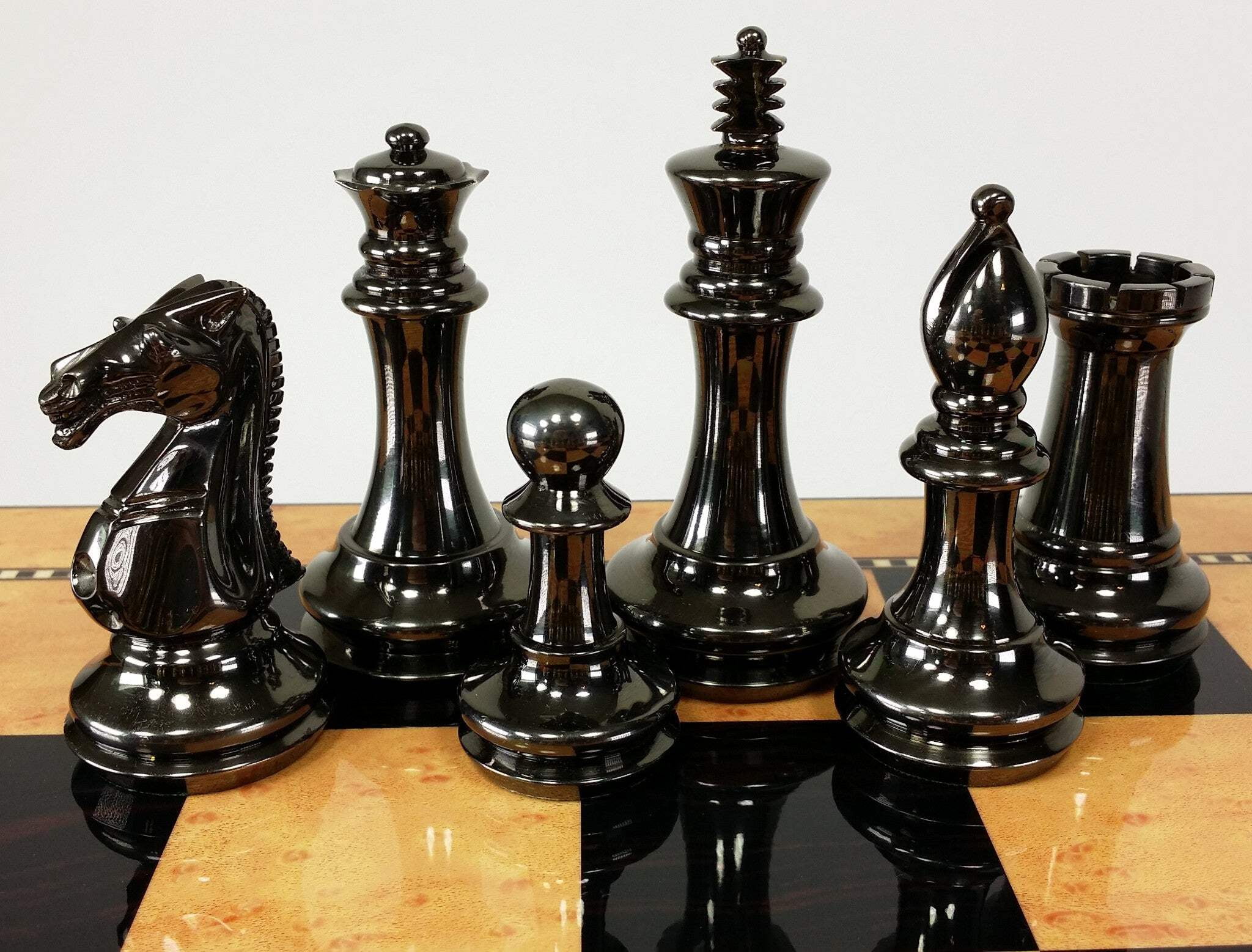 BRASS Black Gold Staunton Exclusive Chess Set Lrg 20" Walnut Color Storage Board