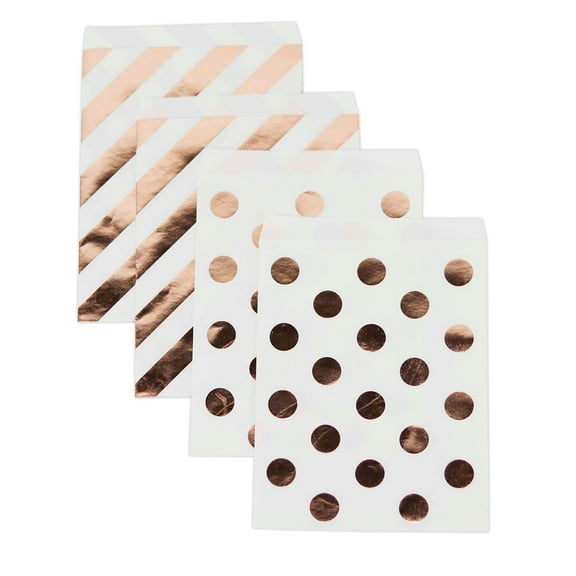 Koyal Wholesale Rose Gold Foil Favor Bags, Polka Dots and Striped, 24-Pk, Shiny Metallic Colored Party Supplies Decorations