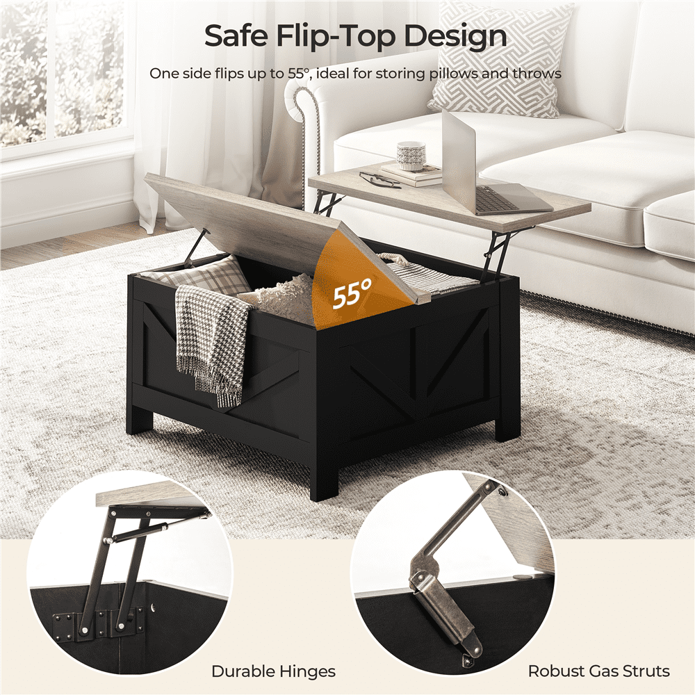 Alden Design Farmhouse Square Lift Top Coffee Table with Hidden Compartments, Black & Gray