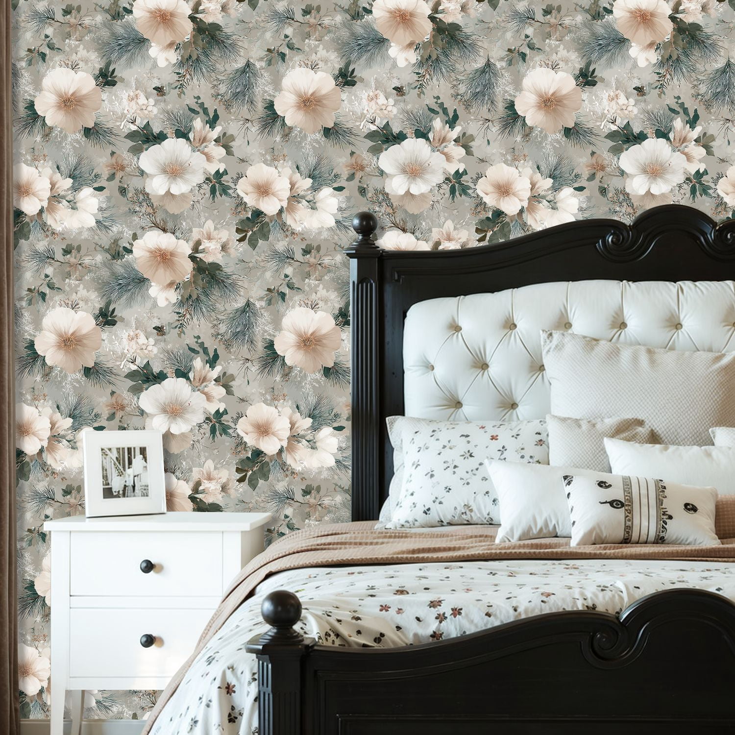 Peel and Stick Wallpaper Elegant Floral Soft Beige White Blooms Muted Green Wall Mural 23.6in x 9.8ft Self Adhesive Removable Wall Paper Renter Friendly Wallpaper for Bedroom