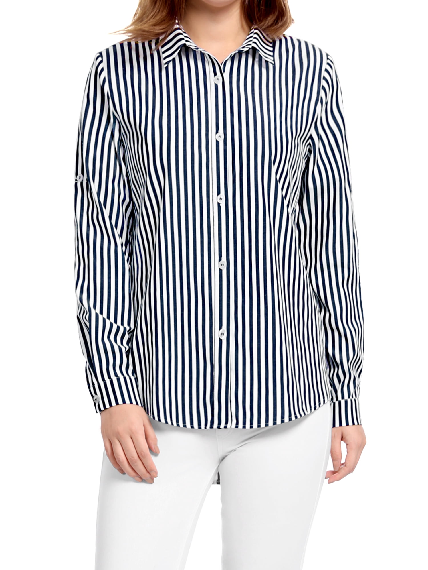 DARING DIVA Women's Button Down Long Sleeve Vertical Stripes Shirt 3XL Dark Blue