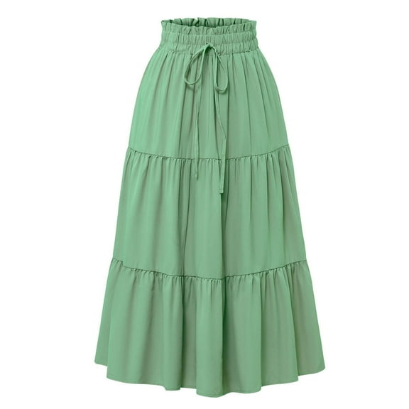RUTAYY Summer Skirts For Women Vacation Boho Floral Tiered Maxi Skirt Drawstring High Waisted Flowy Ruffle A-Line Skirt Solid Color Smocked Boho Pleated Skirts