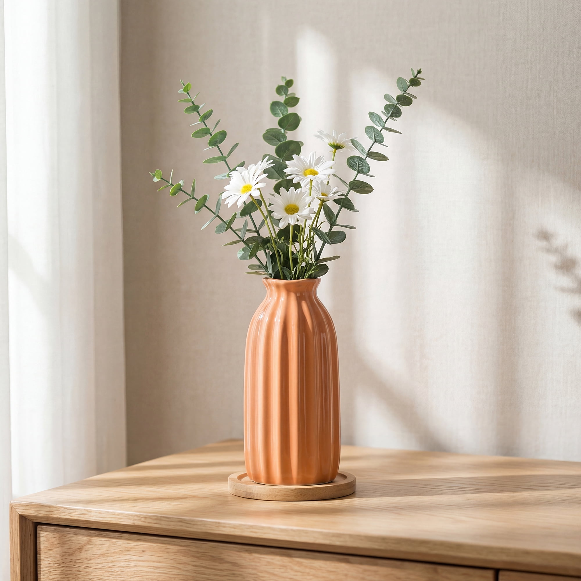 Unique Bargains Small Ceramic Vase Matte Ribbed Decorative Flower Vase for Bathroom Orange