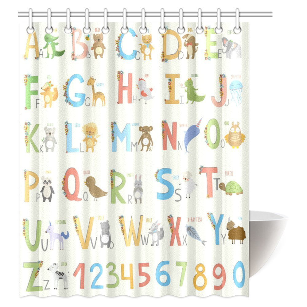Waterproof Fabric Kids Cartoon Animals Alphabet Shower Curtain Bathroom Mat 72"